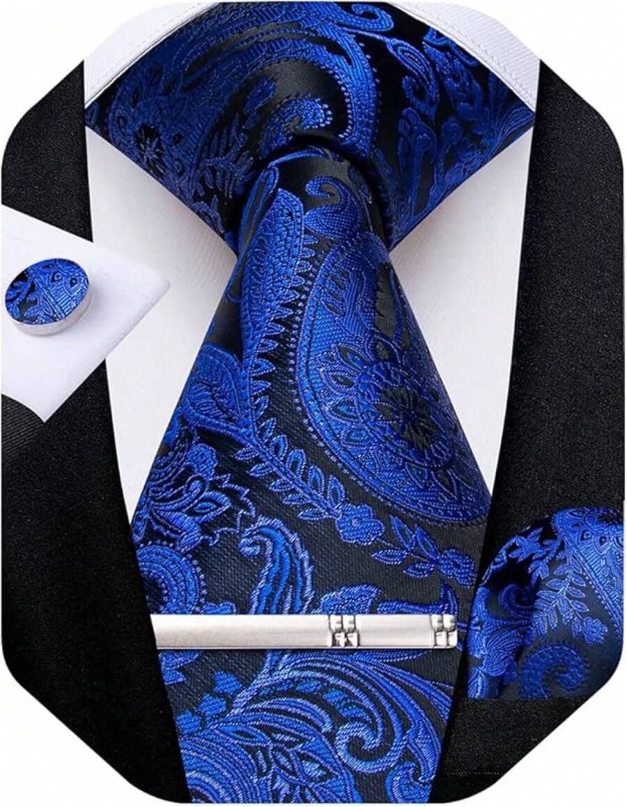 Silk Floral Necktie Set With Tie Clip, Handkerchief & Cufflinks - Royal Blue Floral - View 1