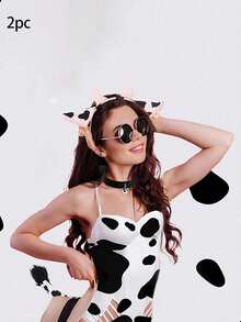 2pcs Uniform Size Universal Black And White Bull Ear Headband + Tail Bell Set Cosplay Accessories,Party - White - View 2