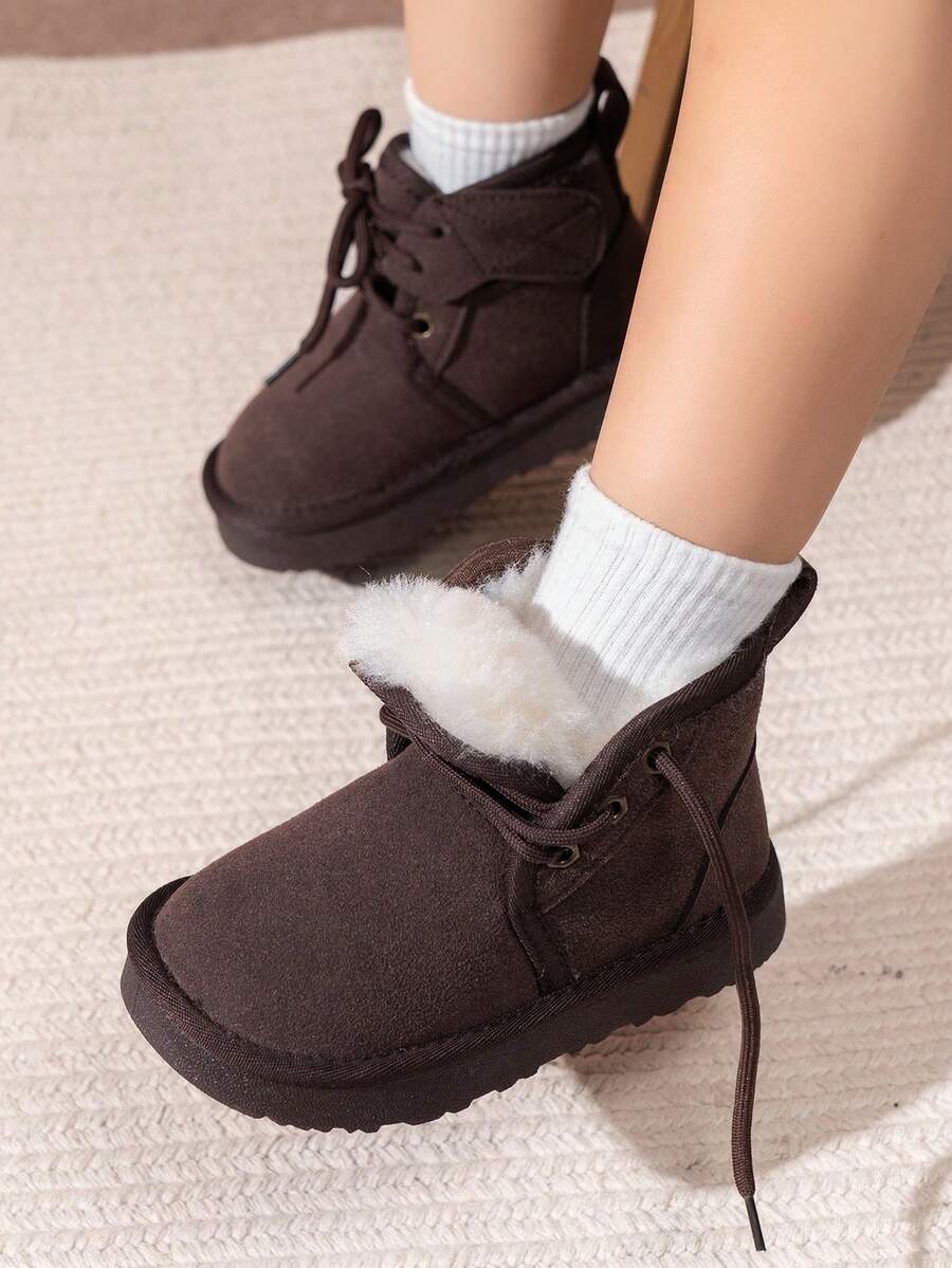 2025年冬季新款仿皮系带厚底保暖雪地靴 - 咖啡棕 - 查看 1