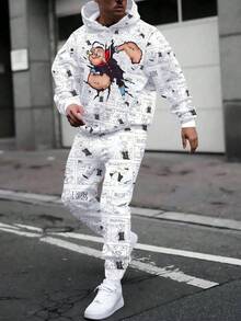 ZhuYa“酷炫水手全身印花”撞色加大码男士连帽运动服套装，适合春秋季，加大码宽松连帽运动衫+慢跑裤，街头休闲装，舒适装 - 彩色 - 查看 2