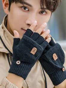 1 Pair Of Winter Warm Knitted And Plush Thick Half Flip Gloves, Touch Screen Riding Student Writing Plush Gloves - Multicolor - View 3