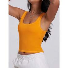 Women Rib Tank Top Padded Workout Top Square Neck Crop Tank Fitted Basic Cami Tops - Neon Marigold - View 6