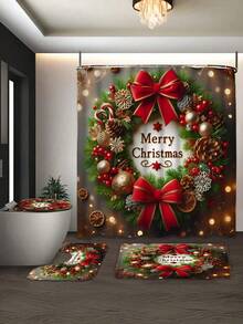 1/3/4 Stücke Weihnachts Duschvorhang Set, Weihnachts Schleife und Geschenk Muster bedruckter Badezimmer Fenster Duschvorhang Set, Badezimmer Set beinhaltet rutschfeste Badematte, U-förmige Toilettenvorleger, Toilettendeckel Abdeckung und Duschvorhang Zubehör, geeignet für Badezimmer Dekoration, Heimdekoration und Duschdekor, Feiertags Geschenk, Feiertags Dekoration, Weihnachtsdekoration