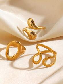 3pcs Stainless Steel Minimalist Geometric Oval & Water Drop Open Rings, Suitable For Women's Daily & Party Wear - Multicolor - View 6