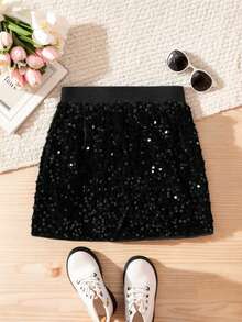 Tween Girls' Fashionable Sequin Mini Skirt, Suitable For Parties And Gatherings (Y0847)