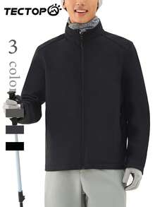 TECTOP Jachetă bărbătească toamnă/iarnă cu căptușeală termică, material elastic, moale și confortabilă, guler înalt cu fermoar, haină pentru drumeții în aer liber