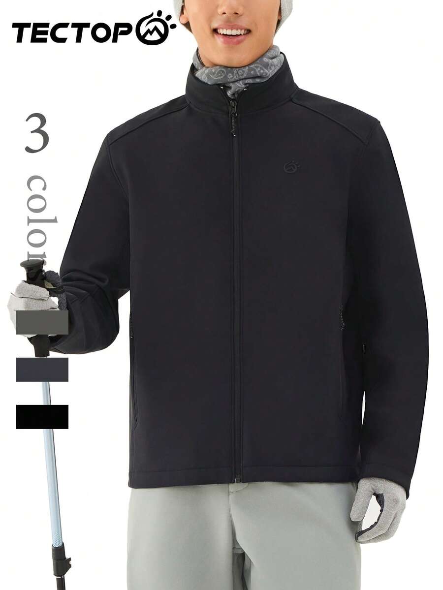 TECTOP Jachetă bărbătească toamnă/iarnă cu căptușeală termică, material elastic, moale și confortabilă, guler înalt cu fermoar, haină pentru drumeții în aer liber