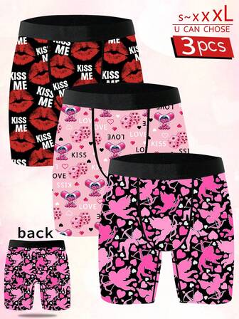 3-Pack Men's Novelty Shorts, Polyester Stretch Fabric, Soft And Skin-Friendly, Quick-Drying And Breathable, Angel Heart Pattern Print, Four-Needle Six-Thread Craftsmanship, Valentine's Day Gift, Naughty And Cute Home Leisure Boxer Briefs