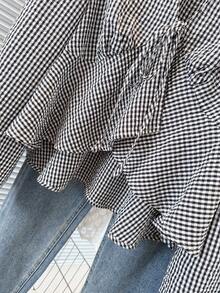 Selcouth Plus Size Women Elegant Patterned Plaid Bowknot Collar Ruffle Hem Fitted Flare Sleeve Long Sleeve Shirt, Versatile Top For Autumn - Black and White - View 7