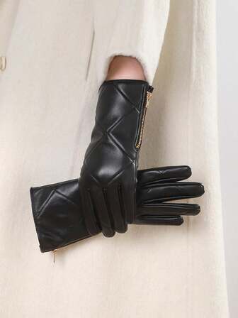 1 双女士冬季保暖时尚 PU 皮手套，保暖内衬，防风，防水，触摸屏手套，适合休闲户外