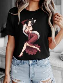 Elegant Anime Girl T-Shirt – Maroon Dress Waifu Art Tee – Sexy Anime Gift Shirt For Otaku Fans – Kaw - 黑色 - 查看 1