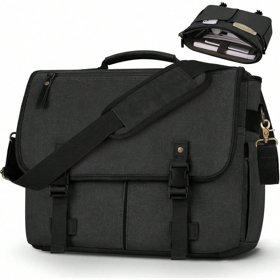 Lubardy Portafolios para Hombre Gran Capacidad Portafolio para Laptop 15.6 Pulgadas Maletín Hombre Maletin Laptop Lona con Bandolera Ajustable,Negro - Negro - Ver 1