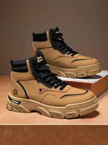 Men's Casual Work Boots - Durable Non-Slip Thick Sole Suitable For Hiking And Outdoor Activities, Lace-Up Faux Leather Shoes, Wear-Resistant Plus Size Boots