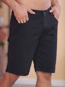 Men's Plain Colored Twill Bermuda Shorts - Black - View 4