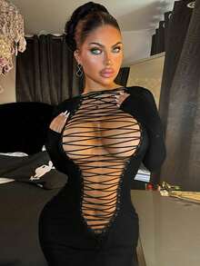 Sexy Reversible Wrap Bodycon Mini Dress - Double Sided Lace Up Front & Back Short Dress - Negro - Ver 4