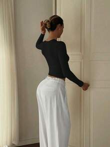 Top de manga larga básico y minimalista con cuello redondo, de doble capa y ajuste sin costuras - Negro - Ver 4