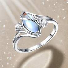 EJG  1 Pc Fashion Oval Blue Moonstone Geometric Ring For Women  And Hollow Design Personalized Dainty Jewelry Gift For Girlfriend Birthday Christmas Office To Date Everyday Boho - 銀色 - 查看 4