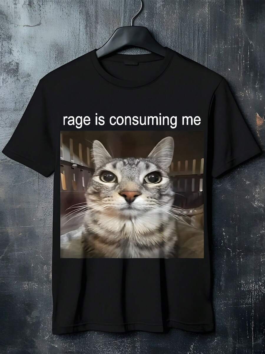 100 Percent Cotton T Shirt For Men Women With Cat Graphic Print Rage Is Consuming Me Design Comfortable Casual Tee Shirts Unisex Top Quality Soft Breathable Clothing - màu đen - Xem 1