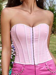 Apperloth A Y2K粉色露脐抹胸上衣，前钩扣，后系带，露背设计，带钢圈，女士塑身衣，万圣节服装，夏季外套 - 粉色 - 查看 4