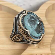 Men's Bohemian Ring - Ice Blue Center Stone With Black Accent - Vintage Jewelry For Parties, Beach Vacations, Casual Attire - Durable Statement Ring - Ideal Anniversary, Valentine's, Graduation Gift For Him - Year-Round Jewelry - 藍色 - 查看 6
