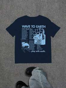 WAVE TO EARTH Play With Earth Letters Kitten Print Men's T-Shirt, Simple Art Harajuku Style, Band Music Kitten T-Shirt, Fashion Casual Loose Men And  Summer Essential Double-Sided Print T-Shirt-Unisex Women & Men's Tees - Màu xanh hải quân - Xem 2