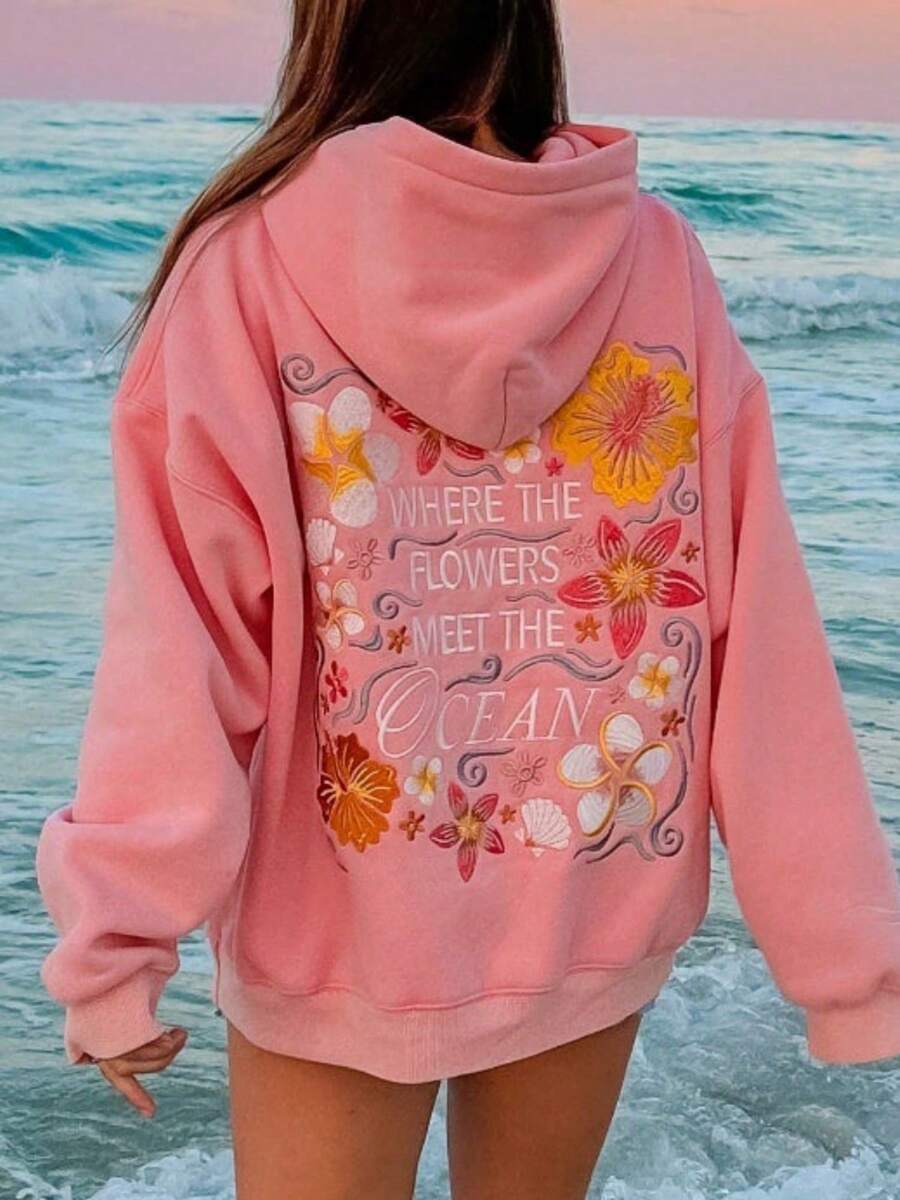 Men Women Y2k Graphic Hoodies Long Sleeve Oversized Hooded Sweatshirt Floral Embroidered Beach Hoodies Pullover Tops For Teen Girl Preppy Aesthetic Clothes - 粉色 - 查看 1