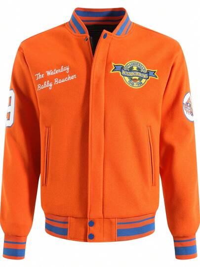 Men's Orange Baseball Jacket High End Embroidered Fashionable Street Style Sportswear Casual Classic Retro Sportswear Patchwork Long Sleeved Hip-Hop Motorcycle Jacket , Fall/Winter