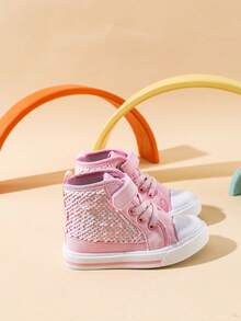 Trampki dla małych dziewczynek, wysokie, płócienne, codzienne, z błyszczącymi, zmieniającymi kolor cekinami