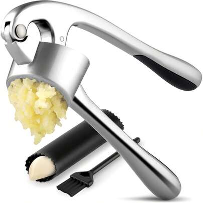 Kitchen Premium Garlic Press Set - Rust Proof & Dishwasher Professional Garlic Mincer Tool - Easy-Squeeze, Easy-Clean With Soft, Ergonomic Handle - Silicone Garlic Peeler & Brush