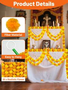 1 pieza/2 piezas/3 piezas/4 piezas Guirnalda de caléndula para decoración, 5 pies de largos hilos artificiales de flores de caléndula amarillas y naranjas para decoración del hogar para Diwali, Pooja, Día de los Muertos, bodas y eventos navideños