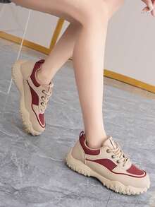 New Women Outdoor Casual Shoes, Thick Sole, Lightweight, Versatile, Breathable, Round Toe, White Sneakers - Card Red - View 4