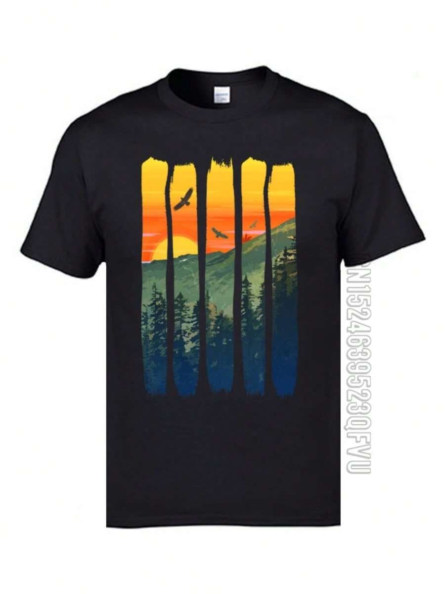Custom Adult T Shirts 100% Cotton Round Collar Pure Cotton Mountain Sunset Tshirts Printing Leisure Summer Team T-Shirts - màu đen - Xem 1