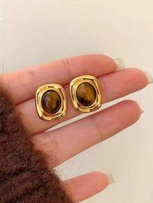 1 Pair Oval Tiger Eye Stone Stud Earrings, Elegant European Style For Women's Daily Wear - Yellow Gold - View 6
