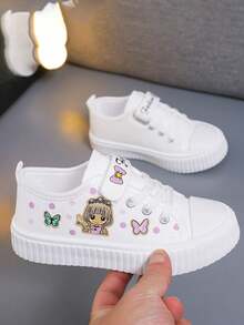 1 Pair Kids Cartoon Print High Top Canvas Sneakers, Unisex Indoor & Outdoor Athletic Shoes,Girls' Low-Top Cartoon Canvas Sneakers, Fashionable, Thin Fabric Shoes, New Style, Children's Versatile Outdoor Casual Sports Shoes