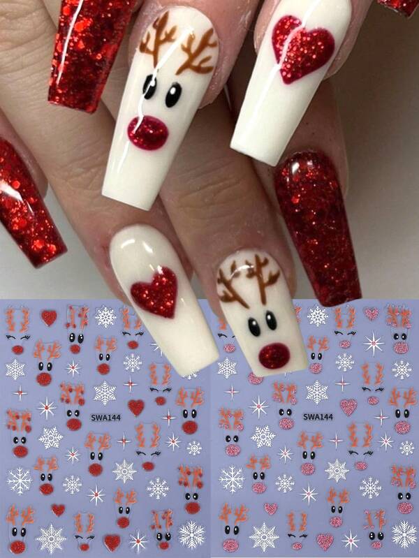 3D Glitter Cartoon Elk Christmas Nail Stickers 2pcs Red Pink White Cute Deer Heart Snowflake Manicure Design DIY Holographic Y2K Winter Xmas New Year Self-Adhesive Gel Polish Charm Salon Decal Sliders Nail Art Decoration Nail Supplies