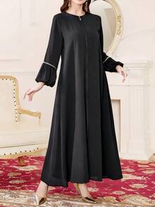 Abaya Robe Fashion Women's Elegant Sequin Long Sleeve Loose Zipper Dress - Black - View 2