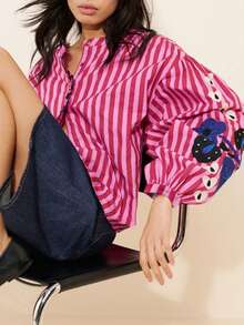 1 件女士休闲日常穿着、派对、花园、野餐、户外节日、海滩节日度假飘逸花卉印花荷叶边下摆开襟长袖衬衫，春夏秋季 - 紅色 - 查看 6