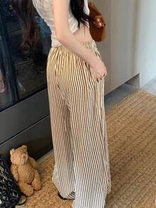 Wide Leg Striped Elastic Palazzo Pants With Pockets - Óxido marrón - Ver 3