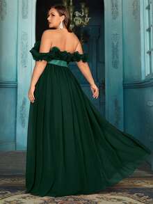 QOQ Noble Abendkleid für Damen Große Größen für formelle Anlässe, Geburtstagsfeiern, High Society Dinner, einfarbiges Kleid mit Blumen Dekor, Carmen-Ausschnitt