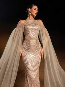 Faeriesty Haute Glamour Elegant Halter-Neck Mermaid Gown With Sheer Sleeves And Sparkly Sequin Beadwork – Fish-Scale Pattern, Long Flowing Train For Galas, Wedding Guest Attire, Upscale Parties & Red-Carpet Occasions For Women