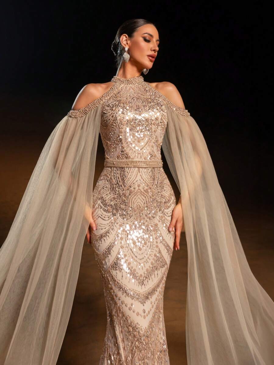 Faeriesty Haute Glamour Elegant Halter-Neck Mermaid Gown With Sheer Sleeves And Sparkly Sequin Beadwork – Fish-Scale Pattern, Long Flowing Train For Galas, Wedding Guest Attire, Upscale Parties & Red-Carpet Occasions For Women Party Formal