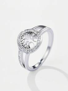 1pc Minimalist Stainless Steel Ring With White Enamel & Rhinestone Tree Of Life Design, Fashionable & Suitable For Everyday Wear - Silver - View 9