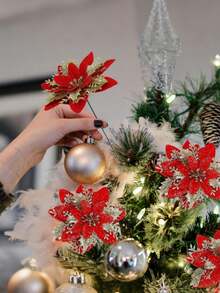 Fleur de Noël artificielle décorative rouge, scintillante, ornement pour sapin de Noël, décoration de couronne de fête d'hiver (or profond), convient pour la décoration de fête de Noël