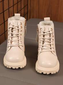 女童靴子，米色侧拉链前系带靴，公主风真皮踝靴，2025秋冬新款 - 米色 - 查看 7