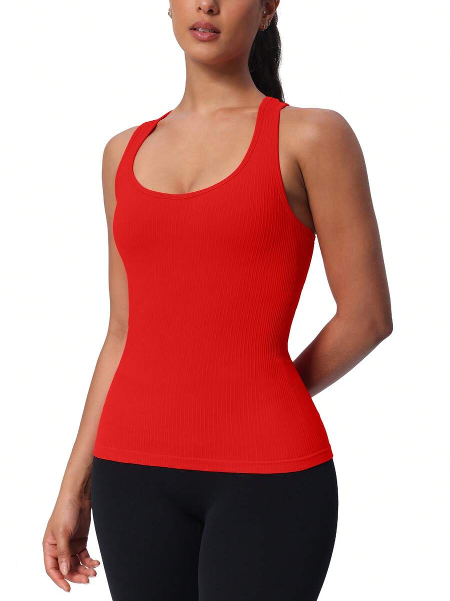 Seamless Workout Tank Top For Women With Built In Bra, Padded Racerback Athletic Yoga Camisole - Red - View 1