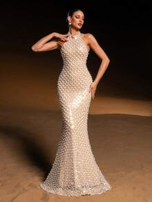 Faeriesty ​​ Glamour Elegant Faux Pearl Evening Gown With Halter-Neck High Collar | Sleeveless Slim Mermaid Dress Adorned With Densely Sparkling Faux Pearls For Wedding Ceremony, Luxury Party, High-Society Events​ For Women New Year Outfit Spring - Champagne - View 5
