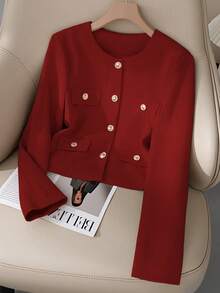 Áo khoác nữ tay dài màu trơn, cài một hàng cúc, dáng ngắn, kiểu dáng thanh lịch, thích hợp cho mùa xuân và mùa thu. - Đỏ - Xem 3