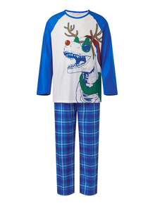 Family Matching Christmas Pajamas Set Dinosaur Antlers Print Tops And Plaid Pants Holiday Pajamas - Màu xanh lam - Xem 5