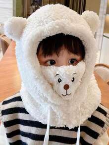 1 Cartoon Bear Plush Hat, Parent-Child With Scarf And Mask, 3-In-1 Fleece Earmuffs, Soft Double Layer, Elastic Drawstring Closure, 100% Polyester, Hand Wash, Lightweight And Suitable For Autumn And Winter Seasons, Daily Wear On Christmas - Multicolor - View 12