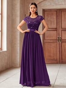 MIUSOL Elegant Women's Sequin Floral Lace Contrast Chiffon Maxi Dress With Pleated Hem,  Perfect For Evening Party, Wedding Guest, Anniversary Balls - 紫色 - 查看 1